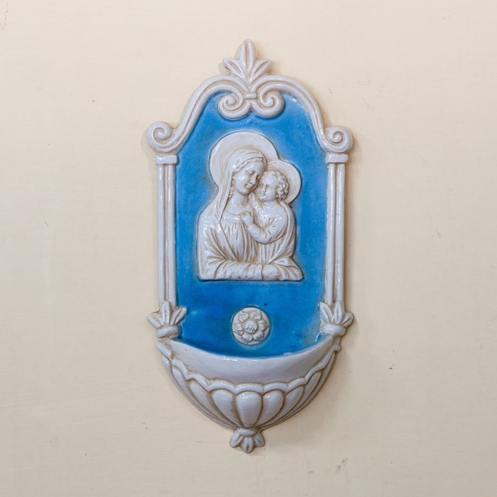 Holy Water Font with Colored Enameled Madonna in Ceramic